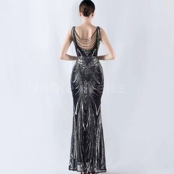 Black, Draped Skirt, Beaded Back,  V Neck,  Sleeveless, Sequined Mermaid… - Picture 14 of 16